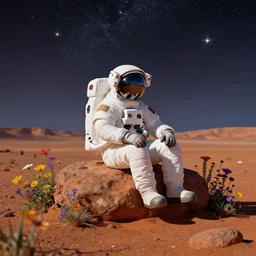 an astronaut sitting on a rock on Mars surrounded by flowers, with the sky full of stars, digital art, trending on artstation, HDR