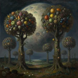 landscape of an alien world with trees full of strange fruits by martin johnson heade. oil on canvas.