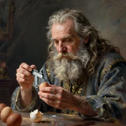 Pensive Wizard examines eggs with calipers, by Victor Nizovtsev