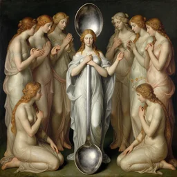 the goddess of bent spoons surrounded by a court of nymphs, by tom bagshaw peter kemp, beautiful highly symmetric faces