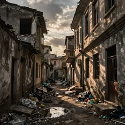 a filthy back alley, puddles, garbage, old broken buildings