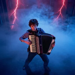 dwight schrute playing the accordion aggressively, dramatic scene, heavy blue fog, red lightning, ultra wide angle, movie still, photorealistic, stranger things, netflix, upside - down, colorful lighting, grainy, aerial shot, shot from above, movie still