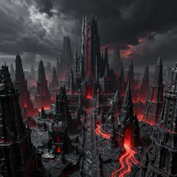 beautiful fantasy city made from black stone and red iron, medieval city, metropolis, dark gorgeous clouds, black marble, lava, digital art, landscape, fantasy art, octane render, unreal engine, high detail, very realistic, by greg rutkowski. by james gurney
