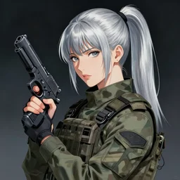 girl silver ponytail hair, multicam uniform, holding a gun, illustration by Yoji Shinkawa and Krenz Cushart, cinematic portrait