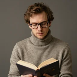 portrait of sam wearing a cozy turtleneck reading a book wearing nerdy glasses, marcin blaszczak, michael whelan, artgerm, artstation