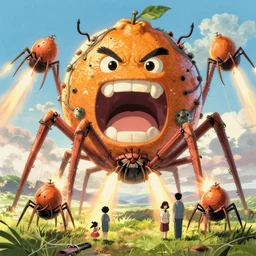 memorable animation key shot, backlit, spider tanks firing at colossal screaming angry citrus golem covered in fishing wire, hooks and barnacles, by mandy jurgens, by satoshi kon, shinji kimura, ghibli, daylight pastel color palette