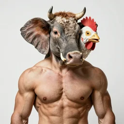 portrait of muscular animal human merged head skin ears, without background, fit in frame, scales skin dog, cat merged elephant head cow, chicken face morphed fish head, gills, horse head animal merge, morphing dog head, animal eyes, merging crocodile head, anthropomorphic creature