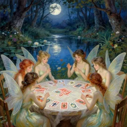 a group of beautiful winged fairies!! playing cards!! on a table in an atmospheric moonlit forest next to a beautiful pond!! filled with water lilies!!, artwork by ida rentoul outhwaite