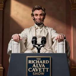 a smiling Abraham Lincoln giving a press conference on the Richard Alva Cavett show