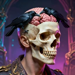 a portrait of a man with an open skull, with a ( crow eating the brain )!!!!, cult dystopian neon environment, intricate, elegant, highly detailed, rule of thirds, digital sculpture, artstation, 8 k rendering, ray tracing, by salvador dali and david cronenberg