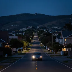 looking down road, neighborhood lining the road, hills background with a big creature, mid night, lonely, car light, view of a car