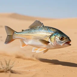 fish running in the desert, highly detailed, 8 k, masterpiece, super resolution.