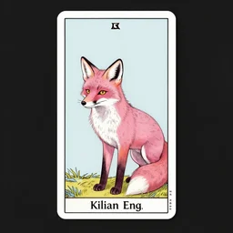 pink fox tarot card by Kilian Eng, minimalist, detailed