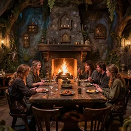 an enchanted feywild tavern with people sitting at a long table, in front of a fireplace, dungeons and dragons, 4 k, highly detailed, vibrant colors, trending on cgsociety, muted lights, professionally lighted
