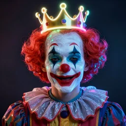 glowwave portrait of clown with a crown *, neon, au naturel, hyper detailed, digital art, trending in artstation, cinematic lighting, studio quality, smooth render, unreal engine 5 rendered, octane rendered, art style by klimt and nixeu and ian sprigger and wlop and krenz cushart.