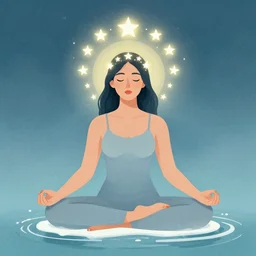 a woman meditating above water, with a crown of glowing stars around her head, illustration by chiara bautista, milk, logyu, ilka