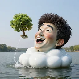 a massive porcelain sculpture on a lake of bob ross's face on a happy cloud spewing a little happy tree from his mouth, in the style of johnson tsang, funny sculpture, lucid dream series, cinematic, hyper - realistic, very detailed, realistic water splashes, ray tracing, 8 k resolution, long - shot, sharp focus, low angle, 8 5 mm photograph, wide lens