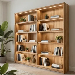 wooden bookshelves with led strip lights, homes and gardens, super detailed render,