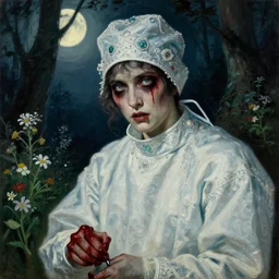 a beautiful but sinister and creepy surgeon in layers of fear, with haunted eyes, violence in his eyes, 1 9 7 0 s, seventies, delicate embellishments, a little blood, woodland, moonlight shining on wildflowers, painterly, offset printing technique, by alexandre cabanel