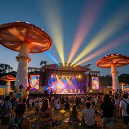 70s photo of trippy hippy festival Woodstock stage show with giant psychedelic mushrooms