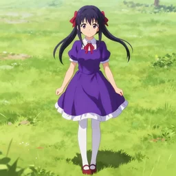 anime girl wearing purple dress, red shoes, red hair tie, white tights, extremely detailed, sharp focus, isekai farm darwyn cooke, bernie wrightson, guido crepax, will eisner, alex toth, bill ward, bob clampett, matte painting concept art