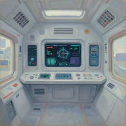 a still life oil painting, spaceship interior, centered perspective, bright utopian retrofuturistic. touchscreens and diagnostic data. realistic expressionist in the style of noriyoshi ohrai