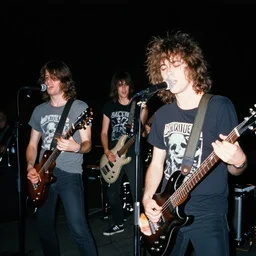 jerry schatzberg photo of an anime metal band, direct flash photography at night, film grain