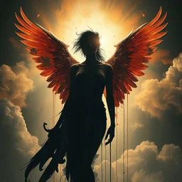 abstract portrait of full body dark seraphim female silhouette, wings, clouds in the background, beautiful abstract full body, safe for work rembrandt light female shape, center bottom frame, face symmetry, colorful spray paint splatters, expressive, abstract art, by greg rutkowski, by jeremy mann, by francoise nielly, 4 k, 8 k, correct body proportion, cinematic style, female