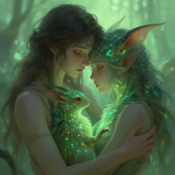 closeup, two catched by liana, liana wrap two fantasy creatures, in a gentle green dawn light, digital painting bioluminance alena aenami artworks in 4 k design by lois van baarle by sung choi by john kirby artgerm style pascal blanche and magali villeneuve