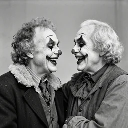 poignant portrait black and white photo of an old couple wearing insane clown posse makeup, laughing at each other, nostalgia, love
