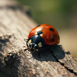 macro photo of a ladybird on a tree trunk, reduced field of view, cinematic lighting, professional photography, sunny day