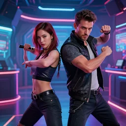two dancers in a virtual club, by artur sadlos, highly detailed, cyberpunk themed, indicate details, cinematic lighting, bright colors, ultra realism, rendered in unreal, sci - fi concept art, video game cinematic