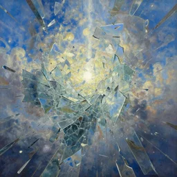 a surreal dreamlike scene of the sky shattering like glass, broken glass shards in the sky, extravagant matte painting, highly detailed oil painting, 8k, devastatingly beautiful atmosphere, elegant cinematic fantasy art, overwhelming depth and detail, magic, vibrant colors, intricate masterpiece
