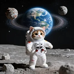 cat as astronaut on the moon sigma 1 4 mm f / 1. 8 the earth is seen in the background surrounded by an asteroid belt made of cat toys