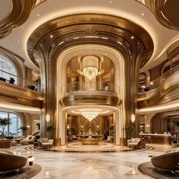 the lobby of the atlantis paradise, a retro futuristic spaceship made of brass bronze gold, art deco influence, hotel style design. workers behind the desk and people queuing to check in. beautiful clear well composed painting by artgerm and greg rutkowski.