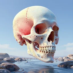 A beautiful digital artwork of a cellular automata skull in the sky. Blue and red and yellow pastel color scheme, dramatic soft lighting, clear skies. A flowing river with rocks, by Jeffrey Smith and Tyler Edlin and Patrice Murciano