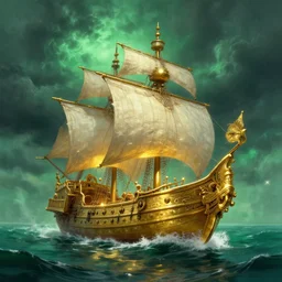 gold galleon ship, green sea, storm. bloom, lighting. fantasy, digital painting, hd, 4 k, detailed.
