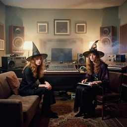award - winning colour portrait of occult dadcore wizards and momcore witches in a bedroom recording studio, fujifilm velvia 5 0, 1 9 6 0 s room, 1 9 6 0 s couch, retro synthesisers, retro hi - fi gear, retro audio recording gear, square picture frames, haze, shining lamps, smoke, fog