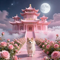 dog! gorgeous pink chinese palace, cg rendering chinese style, overlooking, mythology, fairyland surrounded by roses, rose path. rose bushes, clear and bright roses, lighting effects, dreams, starry sky, super details, illustrations, 1 6 k unreal engine, ethereal clouds. moon palace, hd 1 6 k processing