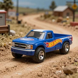 a commercial photography of a hot wheels ford f 1 0 0 truck on a country dirt road diorama scene, cinematic lighting, product shot, detailed, hq, macro lens
