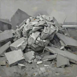constructivist painterly warped wadded knotted heap, dull grey expressionism, masterful rendering of construction rubble