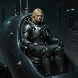 concept art by greg rutkowski, a very tall, and slender woman with blond hair, wearing futuristic diving gear, sitting in the cockpit of a submarine, claustrophobic environment, dark lighting atmosphere, detailed portraits, uncanny and scary atmosphere, scifi, digital painting, artstation, concept art, smooth, sharp foccus ilustration, artstation hq
