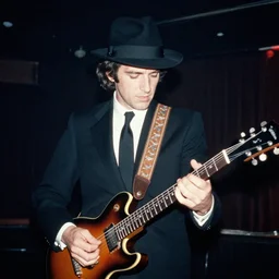 john belushi wearing a black suit and black necktie and black fedora playing electric guitar in a darkened nightclub, 3 5 mm film still from 1 9 8 1, grainy.