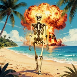 a portrait of a skeleton walking on the tropical beach with nuclear bomb explosion in the background, poster art