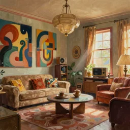 a room of retro and vintage items, groovy 7 0 s things, abstract art deco furnature, highly detailed digital painting, concept art by yongfei liu, alben tan, vance kocas, octane rendered, low angle, god rays, cg society, unreal engine