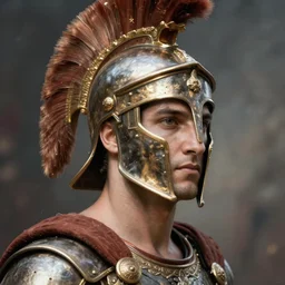 close - up portrait athenian warrior with helmet and armor, art by peter lindbergh