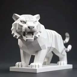 beautiful artistic white low poly statue of an angry tiger shot in the dark in hard light black and white photo