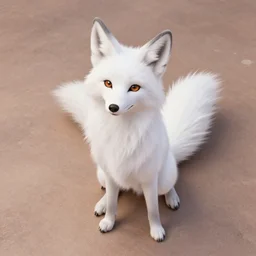full body shot of a anthropomorphic female fox with short white fur covering her body in the style of zootopia, far shot, top down view, 1 0 feet from the carma