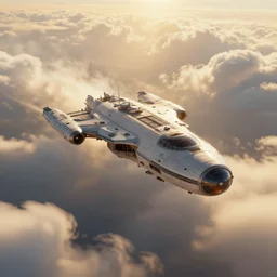 spaceship souring through clouds, detailed, high quality, ultra detail, top light, resources background, gold, sunny, puffy clouds, cinematic, concept art