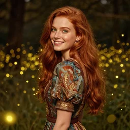 a happy, modern looking young woman looking over shoulder, wonderful detailed dress, among the lights of golden fireflies and nature, long loose red hair, intricate details, green eyes, small nose with freckles, triangle shape face, smiling, golden ratio, high contrast, hyper realistic digital art by caravaggio and artgerm.